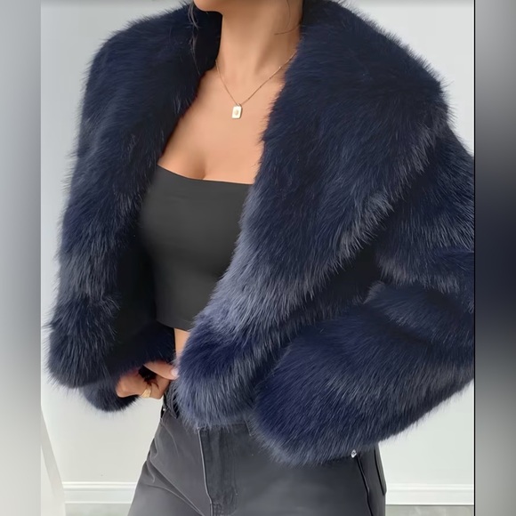 Lux Faux Fur Cropped Jacket - Navy - Picture 2 of 5